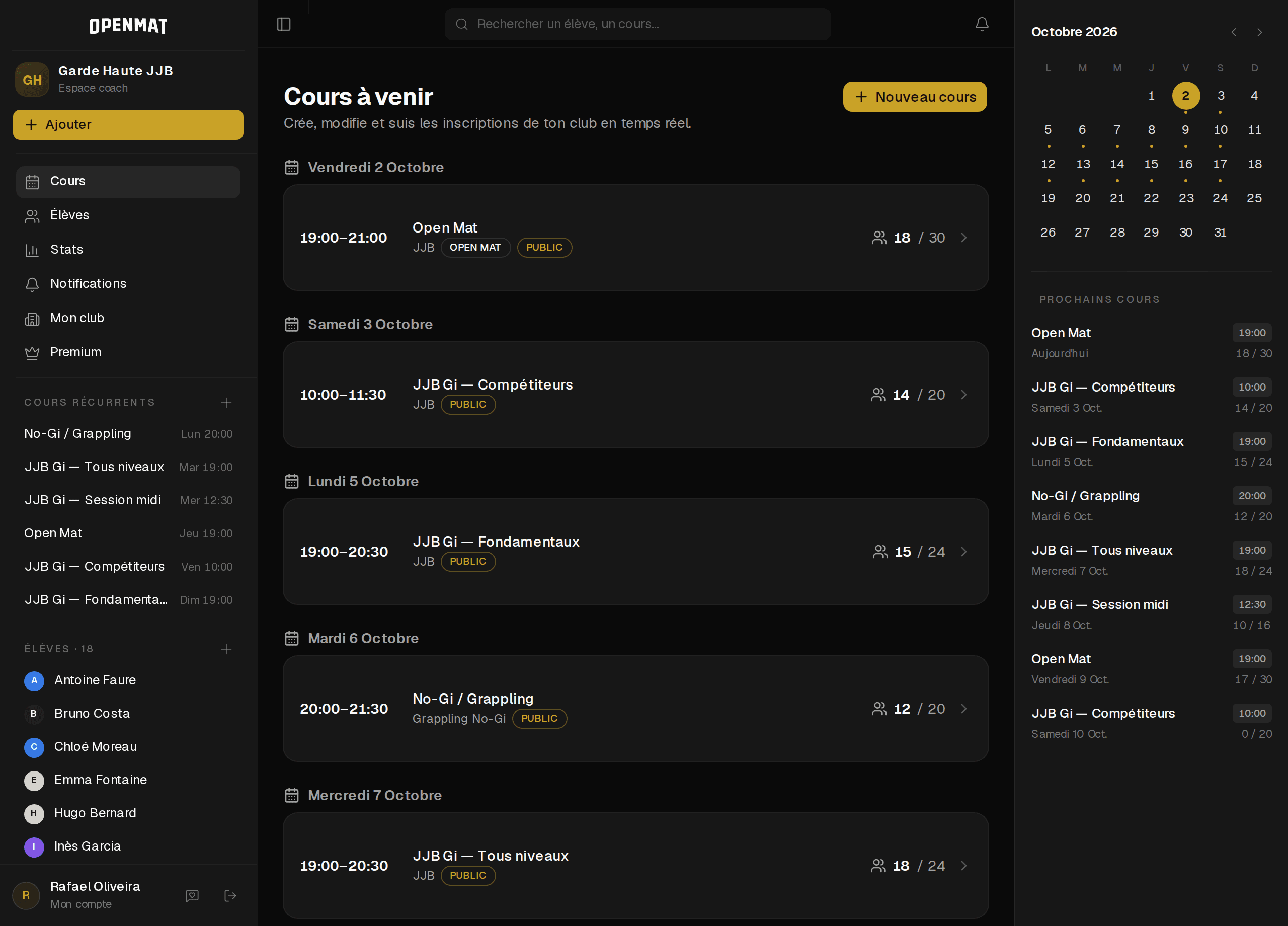 Espace coach OpenMat — planning des cours et inscriptions en temps réel d'une académie de JJB